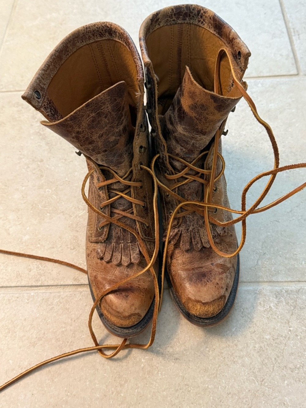 Justin Distressed Brown Leather Lace-Up Fringe Boots